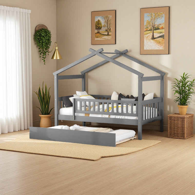 Wooden House Bed With Trundle, Gray, Twin