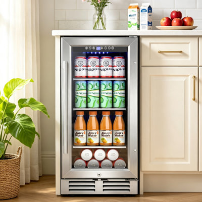 Mini réfrigérateur à boissons de 15 pouces - peut contenir 130 canettes, refroidisseur de boissons encastré ou autoportant, avec tablettes réglables, porte réversible, éclairage à DEL et verrou de sécurité