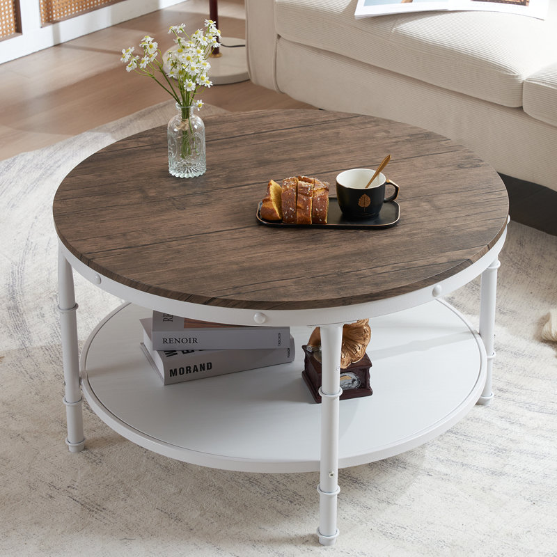 30.71In Double-Layer Round Dark Walnut Black Vein MDF Panel, White Wrinkled Baked Iron Frame, Industrial Style Coffee Table