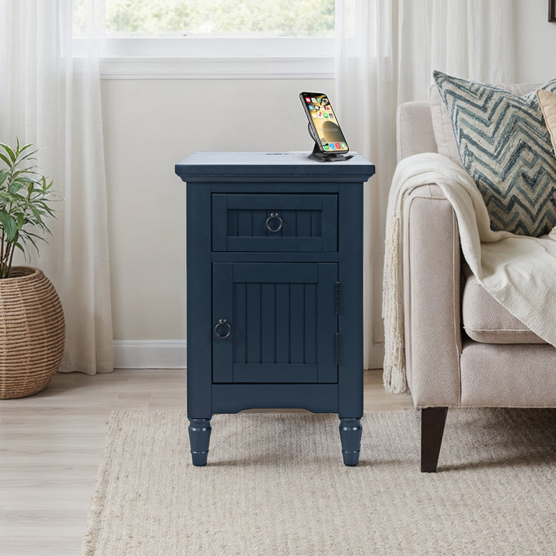 Giavanni Modern Farmhouse USB Charging Storage Cabinet Chairside End Table - Navy, Navy