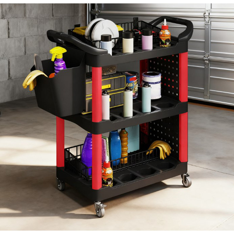 Chariot utilitaire en plastique d'une capacité de 200 lb avec tablette latérale et seau de rangement, chariot à outils roulant