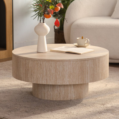 Table basse ronde de rangement en MDF beige travertin de 70 cm (27,56 po), table basse Wabi-Sabi à couvercle amovible.