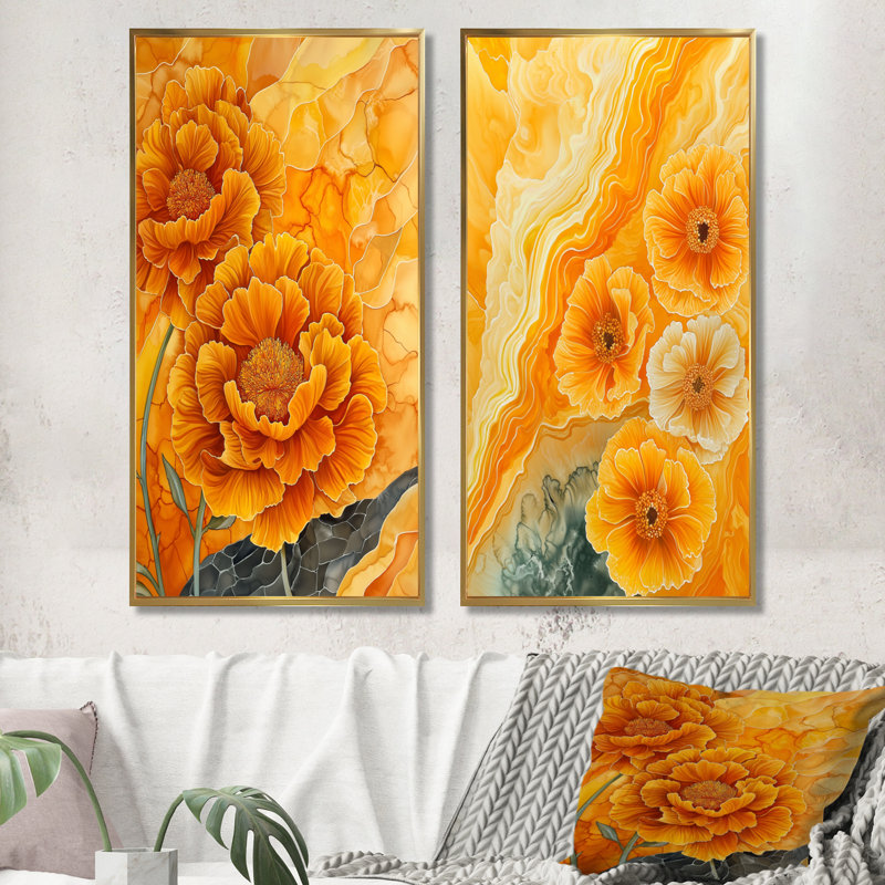 Carnation Flowers on Geode River I - Floral, décoration murale, art floral traditionnel 2 pièces, H 32 po x l 32 po