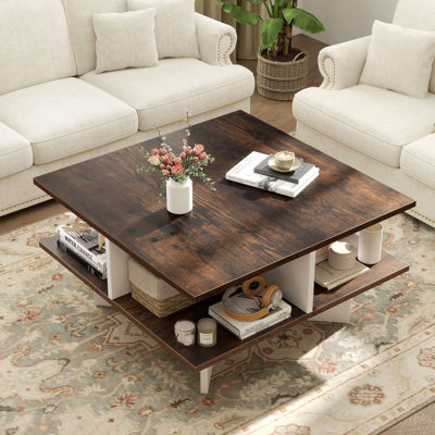 2-Tier Square Coffee Table Industrial Accent Cocktail Table with X-Shaped Base