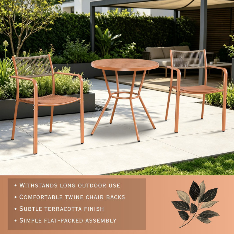 Rimini Patio Dining Set with Round Metal Table & Two Chairs, Terracotta