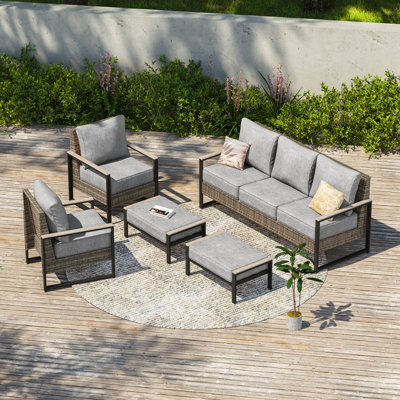 5-Piece Patio Rattan Furniture Set, All Weather Wicker w/Removable Cushion