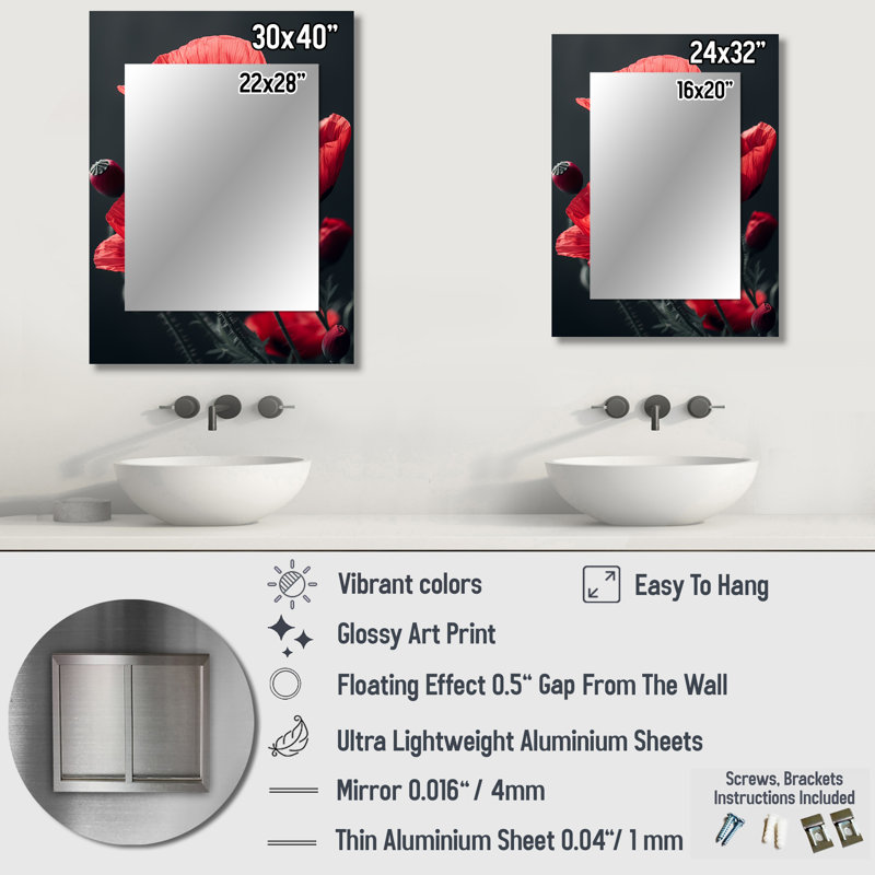 Rouge, noir, coquelicots, charme monochrome I - coquelicots, décor de miroir mural, 40 po x 30 po