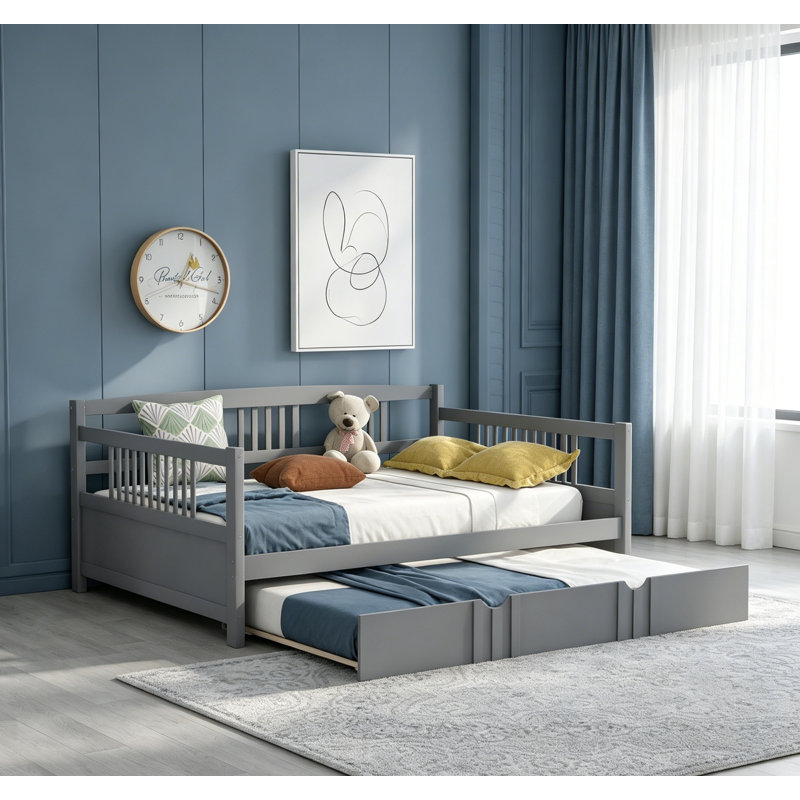 Lit de jour double en bois avec lit gigogne simple, gris, structure en pin robuste, conception peu encombrante, mobilier multifonctionnel pour les petits espaces