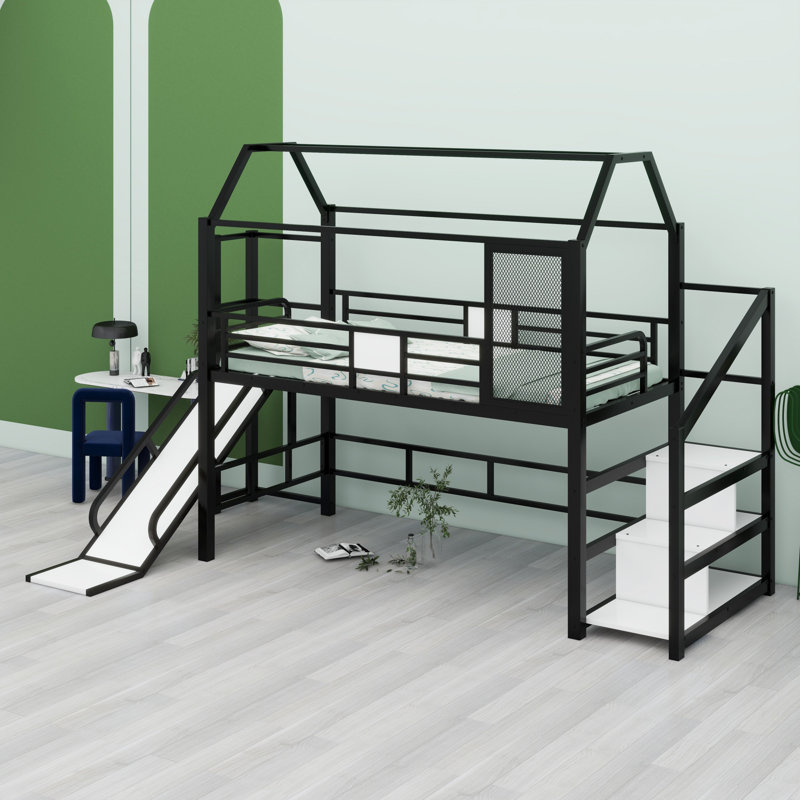 Metal House Loft Bed With Slide,Stairs And Storage Shelves, Black