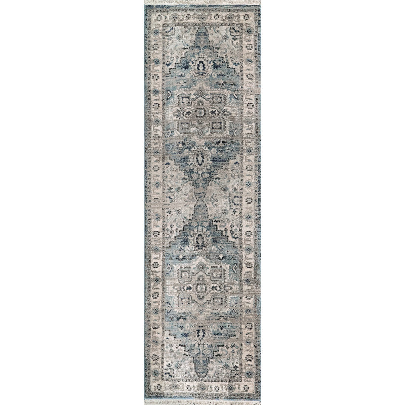 Tapis bleu clair / crème Omarion, Tapis de couloir 2 pi 2 po x 7 pi 5 po