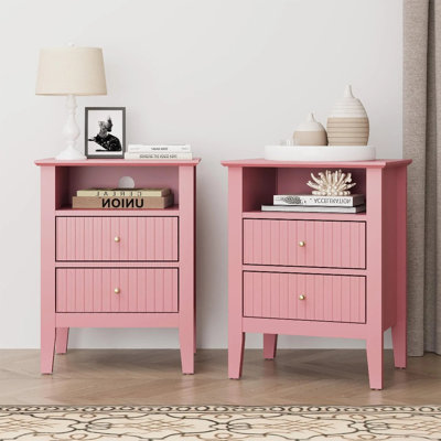 23" H Pink Fluted Nightstand Set of 2, 2-Drawer Wood Bedside Table with Open Storage Shelf, Golden Pull Handle End Table for Bedroom, Living Room & Home Office