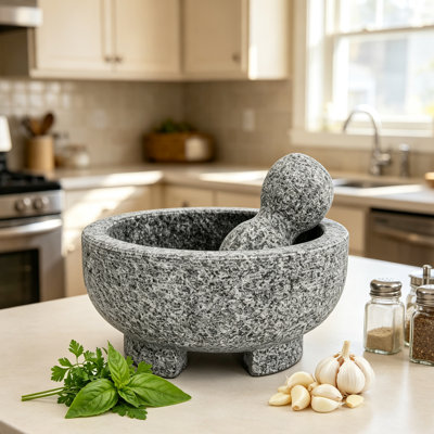 8 Inch Granite Mortar and Pestle Set, Heavy Duty Stone Grinder Bowl for Seasonings, Guacamole, Salsa and Pesto, Solid Granite Spice Grinding Tool for Home Kitchen
