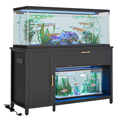 Support d'aquarium avec station de charge, support d'aquarium à DEL noir avec armoires, support d'aquarium rectangulaire avec tablettes réglables