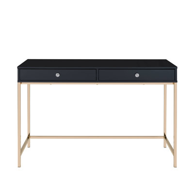 White High Gloss Writing Desk With Gold Hardware, 2 Drawers | Gift Idea