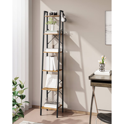 Ladder Shelf, Bookshelf Bookcase, Freestanding Corner Storage Shelve with 2 Hooks for Home Office, Living Room, Kitchen, Bedroom, Industrial, 11.8"D x 13.4"W x 72.8"H, Rustic Brown