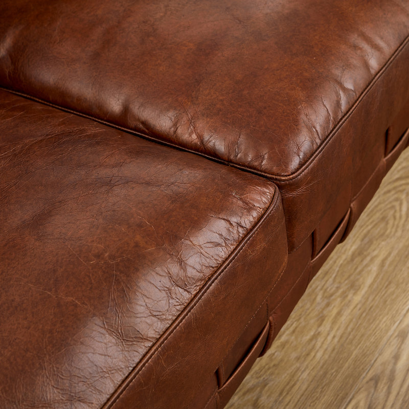 85'' Vintage Full Grain Genuine Leather Nailhead Trim Sofa With Removable Cushions
