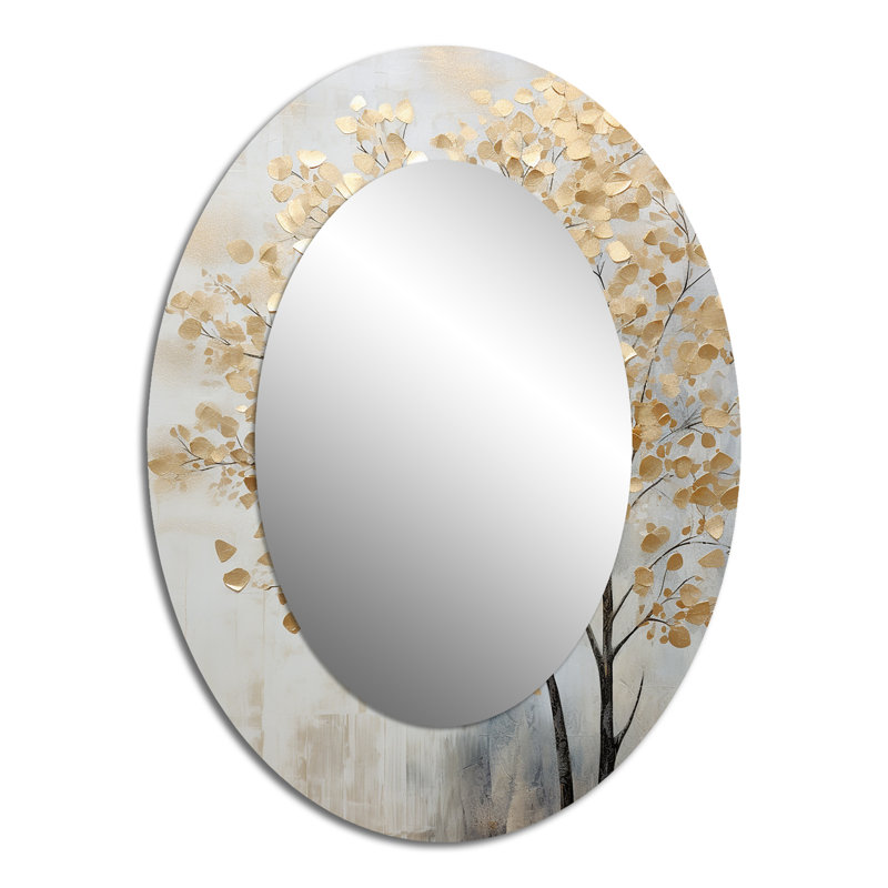Minimalism Gold And Blue Trees Scene - Large Oval Wall Mirror On Metal, 40" H x 30" W
