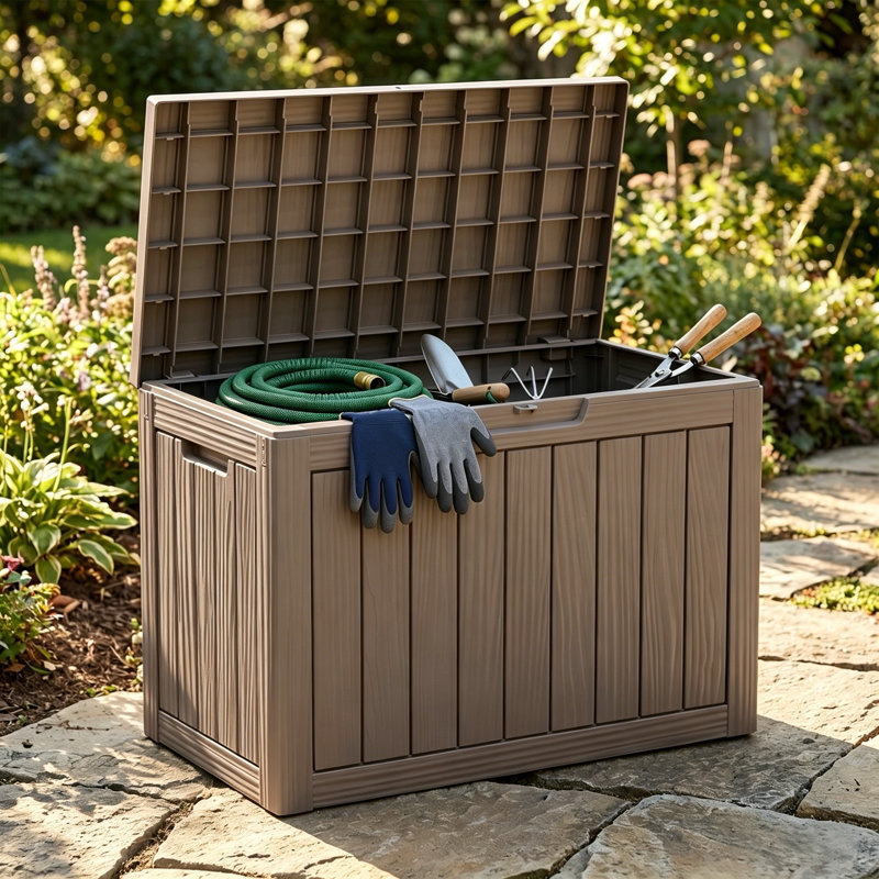Boîte de rangement en résine verrouillable 45 gallons, rangement extérieur résistant à l'eau pour patio et jardin