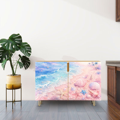 Sideboard Buffet Cabinet with Storage Pastel Beach Scene Shells Starfish Ocean Waves with 2 Doors for Living Room and Kitchen