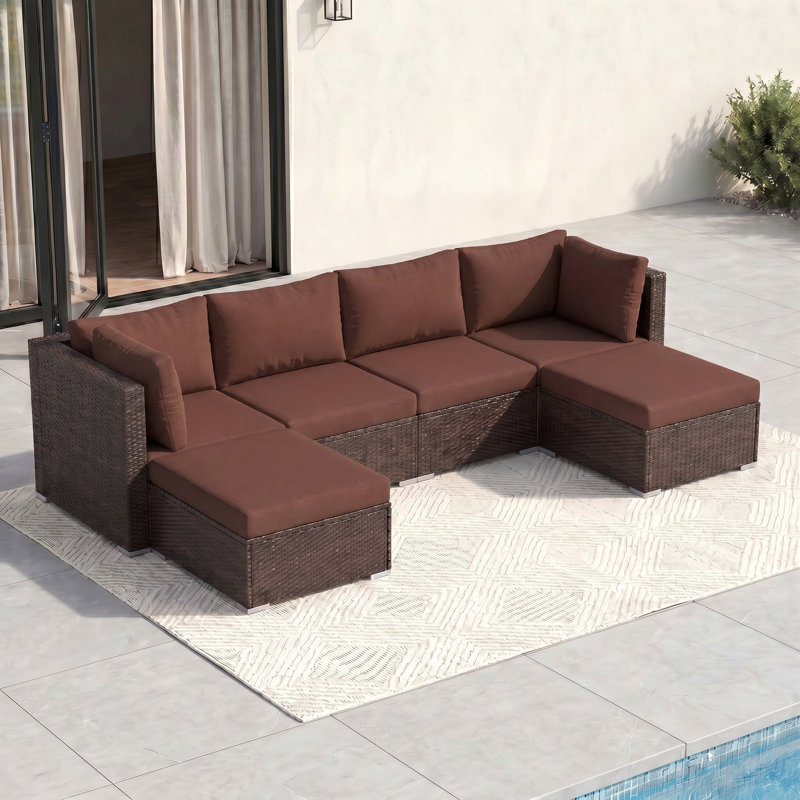 Ensemble de canapé modulaire d'extérieur en osier avec repose-pieds, ensemble de conversation à assise profonde avec coussins