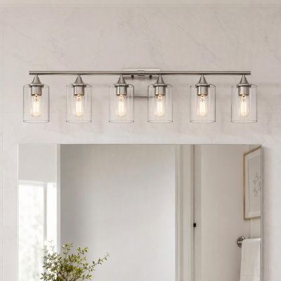 Éclairage pour salle de bain cylindrique en verre transparent 6 lumières nickel mat