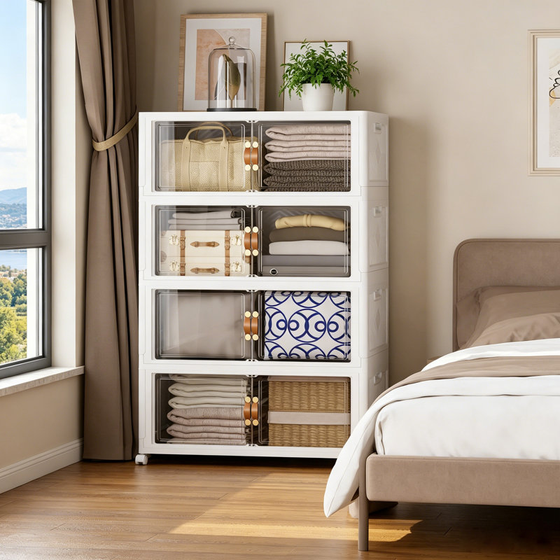 Bacs de rangement en plastique pliables robustes de 30 po de largeur de 674 pte avec portes et roues transparentes, boîte de rangement à 4 niveaux pour garde-robe roulante - Blanc