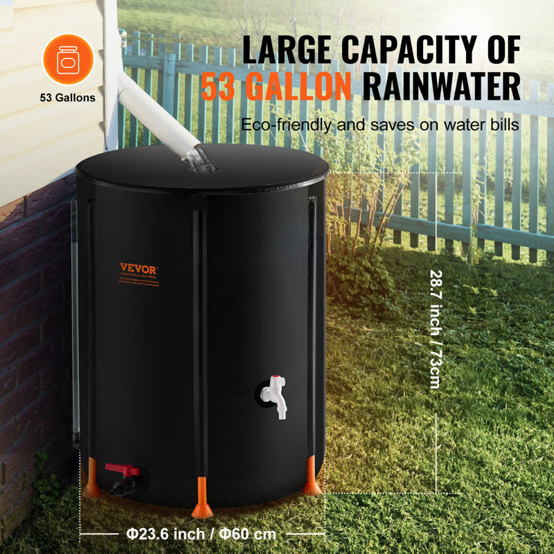 Black PVC Collapsible Rain Barrel with Spigots and Overflow Kit