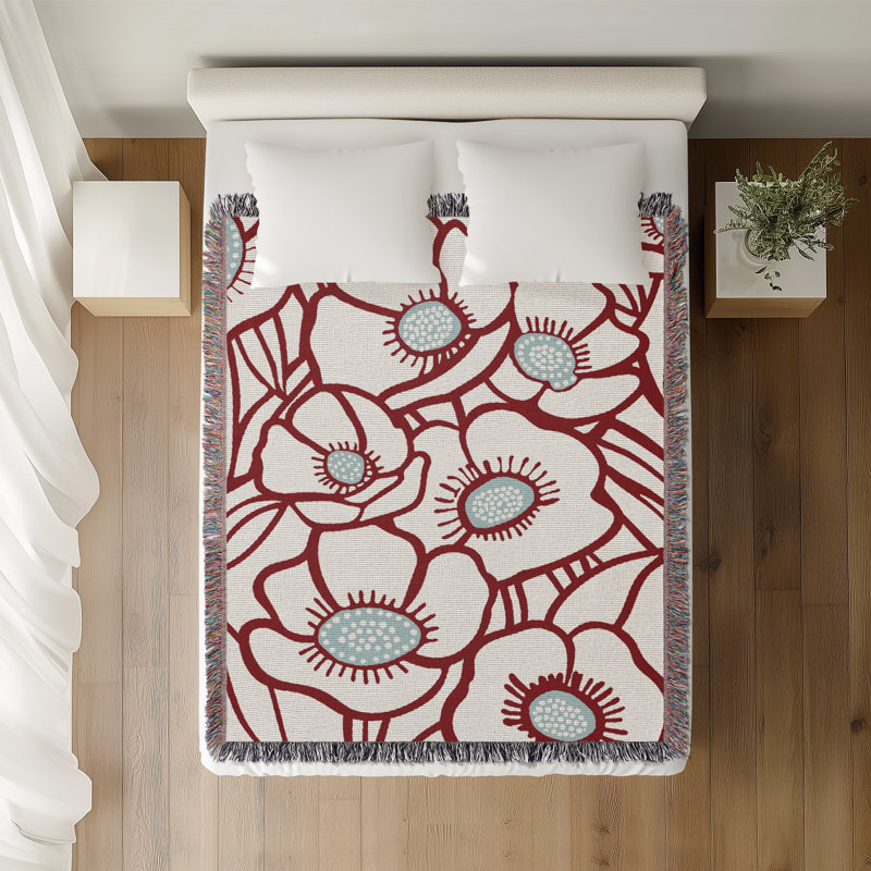 Jeté floral en coton, 50 x 70, Rouge