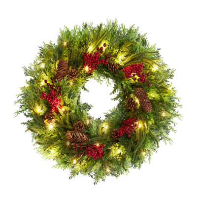 Couronne de Noël artificielle de 56 cm (22 pouces) avec baies rouges et pommes de pin, style champêtre, pour la décoration intérieure et extérieure.