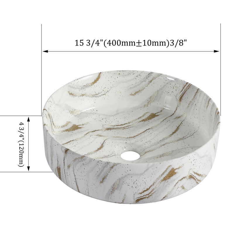 Ceramic Round Above Counter Bathroom Sink Art Basin, White Background With Golden Lines (BAA0014012PP), White/Gold