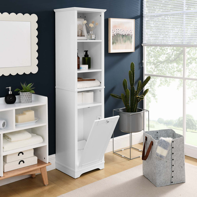 Lebreton Bathroom Cabinet With Laundry Basket,4 Adjustable Shelves & Removable Laundry Hamper, White