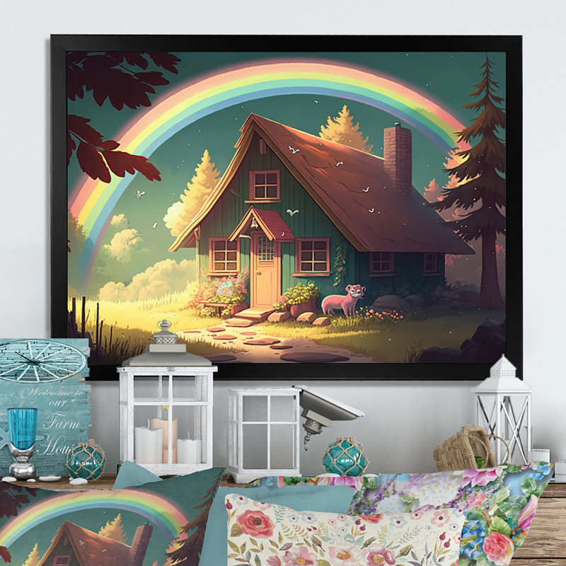 Cozy Country Cottage Under the Rainbow I - reproduction sur toile, Impression noire sur toile encadrée, L 20 po x H 12 po