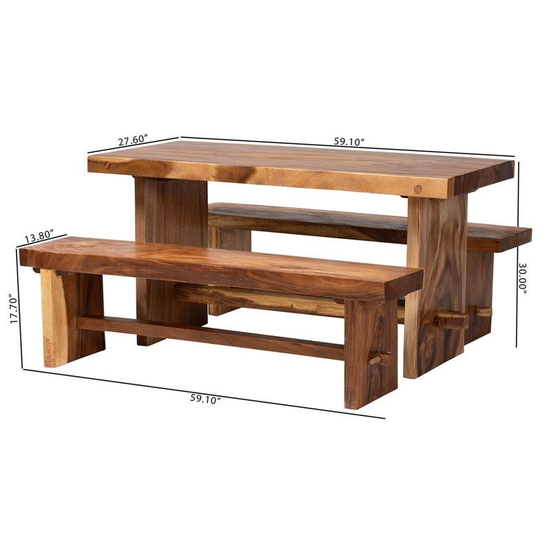 Ensemble de salle à manger 3 pièces Bali & Pari Biyu Suar - Table rectangulaire en bois massif et deux bancs fabriqués à la main