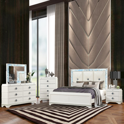 Chandler 5-Piece Contemporary Queen Bedroom Set With LED Lighting And Crystal Accents In White