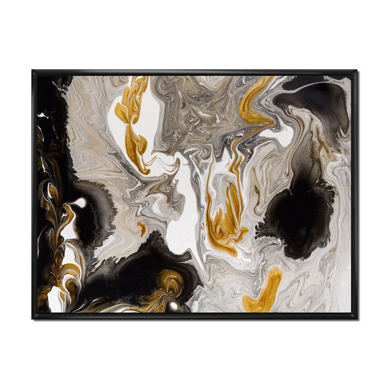 Or et vagues de marbre noir I - peinture sur toile, H 16 po x l 32 po, Cadre flottant, Noir