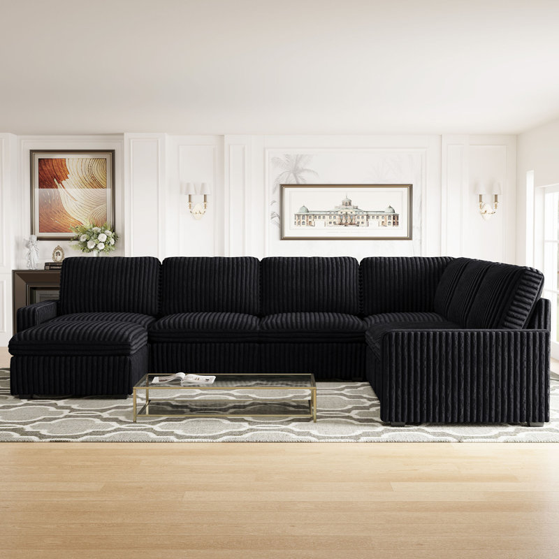 U-Shaped Stoarge Sofa Convertible Oversized Livingroom Couch, Black Corduroy