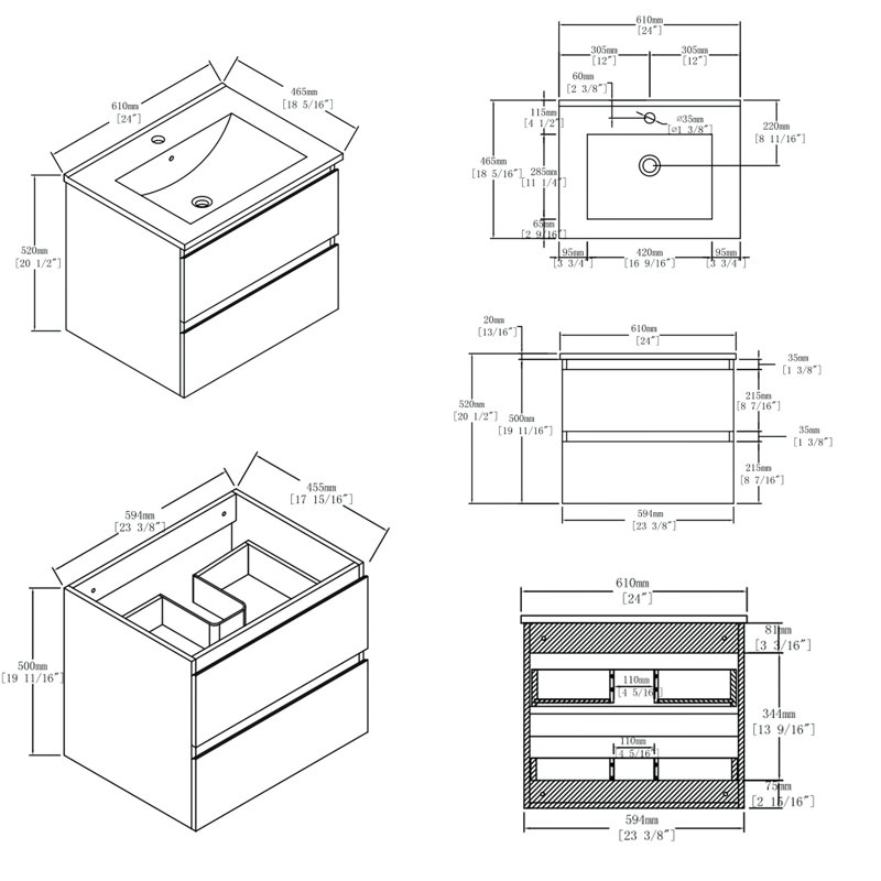 Meuble-lavabo flottant 24 po avec lavabo, tiroir à fermeture en douceur, lavabo en céramique, contreplaqué, Oak
