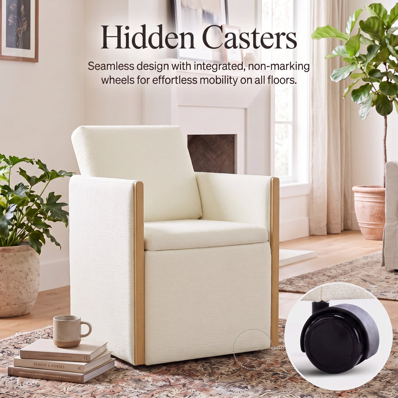 Upholstered Rolling Dining Chair with Under-Seat Storage, Cream