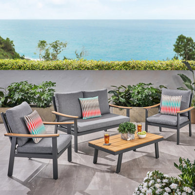 4Pc Chat For Outdoors In Grey, Metal Mesh Wood Fabric Combinations, Water- Seat Covers, Accommodates Four - Modern Outdoor Seating Compilation, Metal+Wood, Water-, Fits 4 People