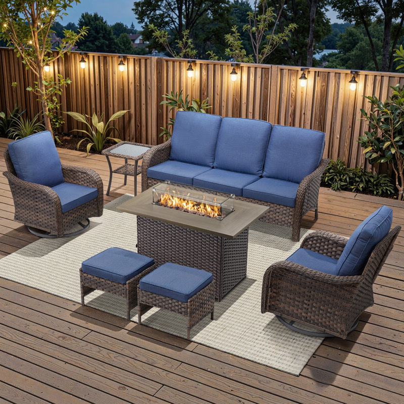 Gustave Wicker Patio Furniture Sofa Set With 55000 BTU Fire Pit Table, 360° Swivel Chairs, Blue