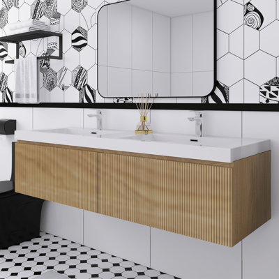 Meuble-lavabo double 60 po en noyer fumé avec comptoir en résine de pierre et tiroirs à fermeture en douceur