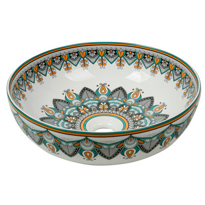 Lavabo vasque rond en céramique artistique 16 po - Lavabo brillant au-dessus du comptoir avec motif imprimé inspiré de la main
