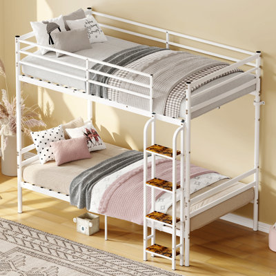 Bunk Beds Twin Over Twin, Heavy-Duty Bunk Bed With Safety Guardrail & Ladder, Metal Slats Support, No Box Spring Needed, Ideal For Teens Adults,WHITE
