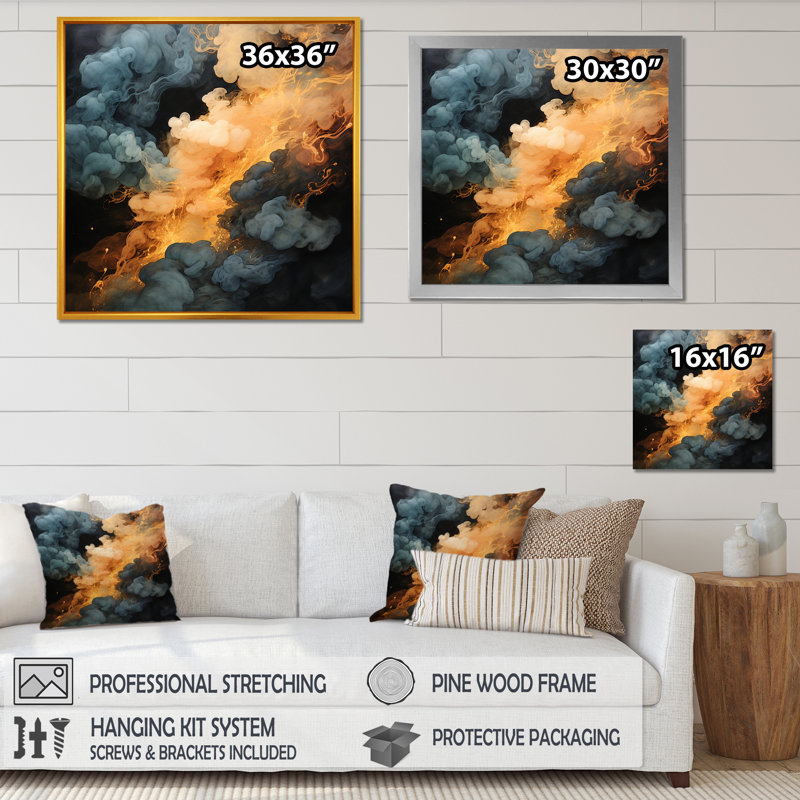 Gris et orange, éclat de fumée polaire II - art mural abstrait, H 30 po x l 30 po x P 1,5 po, Toile tendue