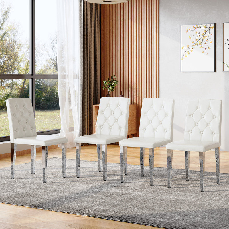Chaises de salle à manger modernes en cuir synthétique avec dossier ergonomique, ensemble de 4, Argent argent, Blanc