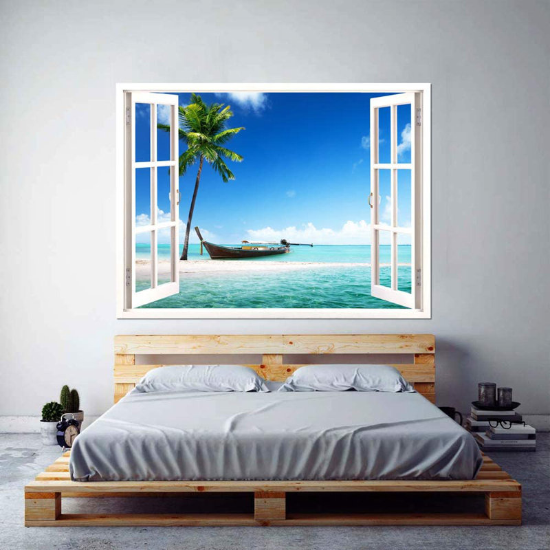 Murale Bateau par un grand palmier, L 32 po x l 24 po