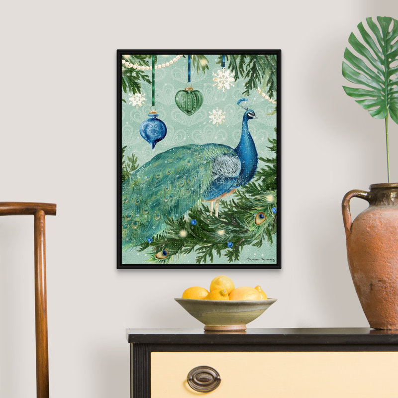 «Holiday Peacock» par Danielle Murray - peinture sur toile tendue, H 25,25 po x l 19,25 po, Cadre noir