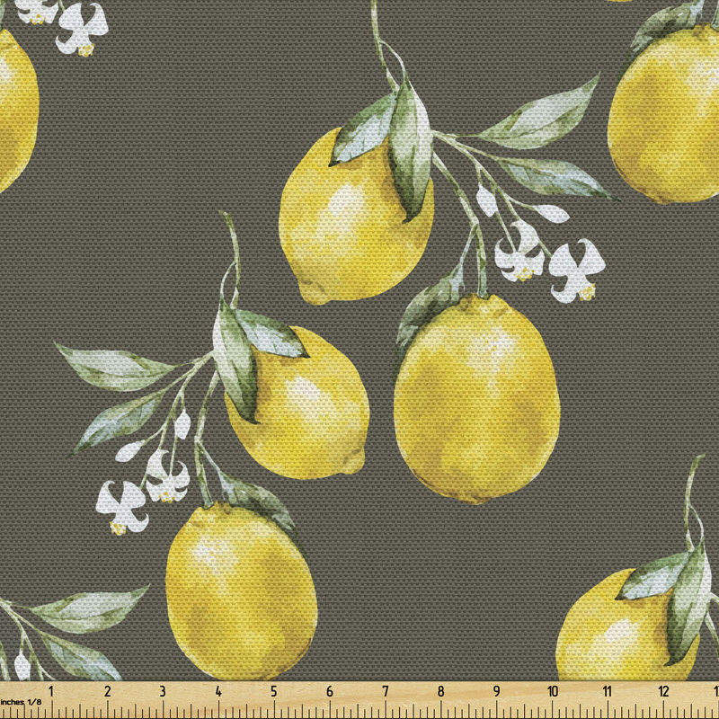 Fab_31925_Ambesonne, tissu floral à la cour, branches de citron avec pétales de croissance, impression sur le thème de la nature, tissu décoratif pour le revêtement et les accessoires de maison, vert olive jaune