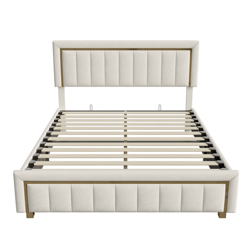 Velvet Ottoman Bed, Glam Upholstered Storage Frame With Trim, Beige,  European Double (140 x 200 cm)