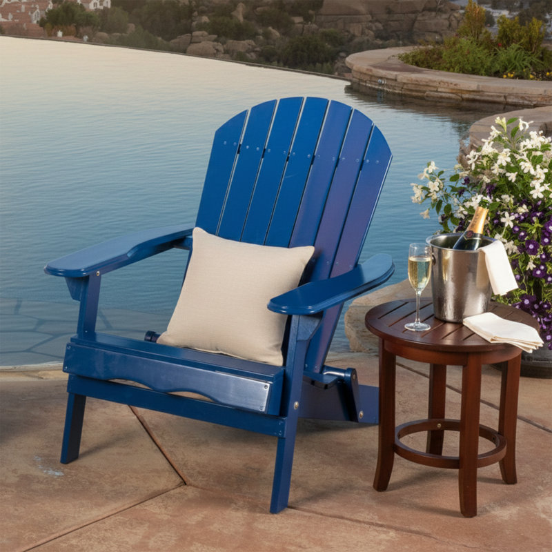 Folding Adirondack Chair - Solid Acacia Wood Outdoor Lounge Chair - Weather Resistant Slatted Patio Seating, Blue